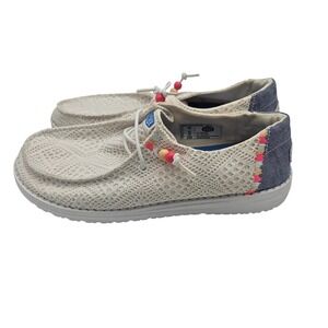 Hey Dude Wendy Boho Crochet White Blue Slip On Loafers Shoes 41040-100 Womens 9